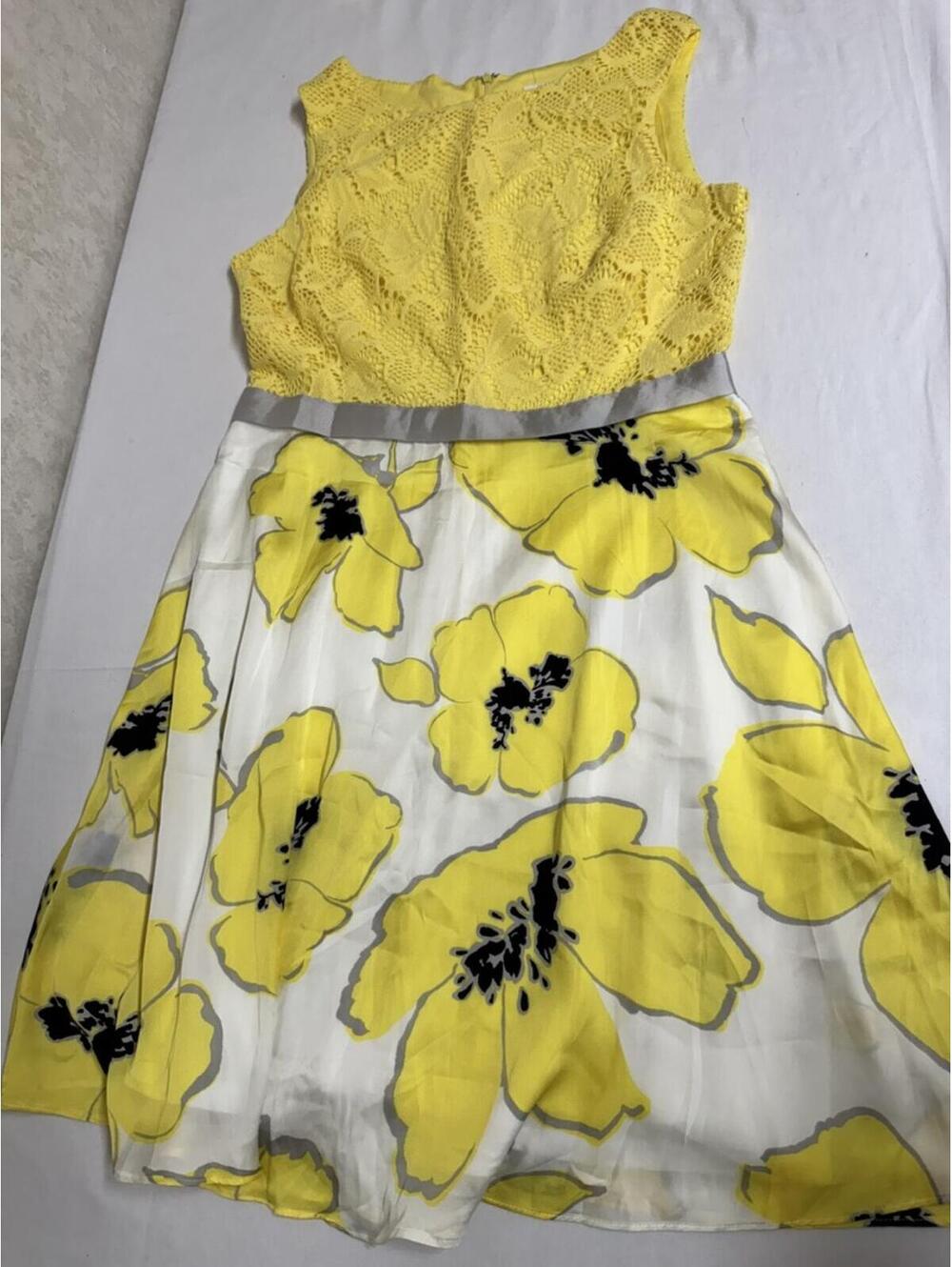 Studio One New York Yellow Floral Dress with Lace Bodice - Size 12